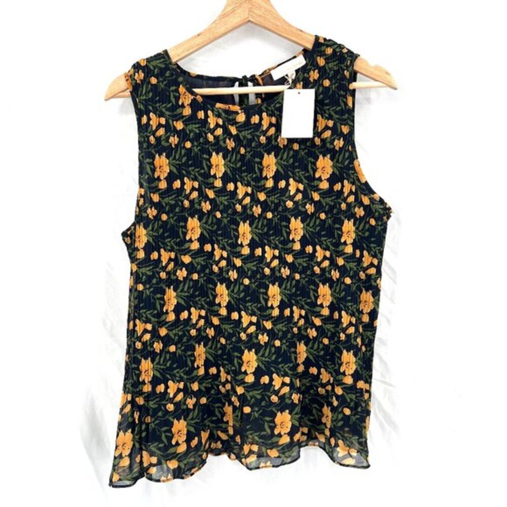NEW &. Layered pleated floral tank top blouse navy‎ blue yellow cottagecore M